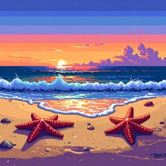 Pixelated beach scene with two starfish, waves, sun, and sky in sunset colors. Retro, stylized art