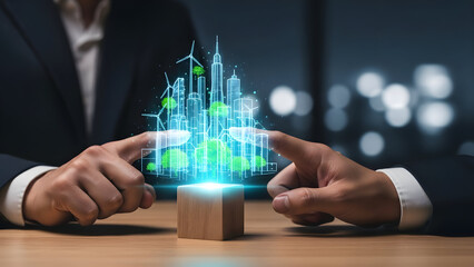 Businessman interacting with futuristic cityscape on digital interface