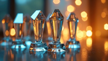 Fototapeta premium Clear glass trophies stand on reflective surface. Awards gleam with warm bokeh lights in background. Recognition of success and achievement.