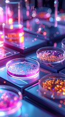 Petri dishes with colorful granules, set on reflective squares, glowing with neon pinks and blues