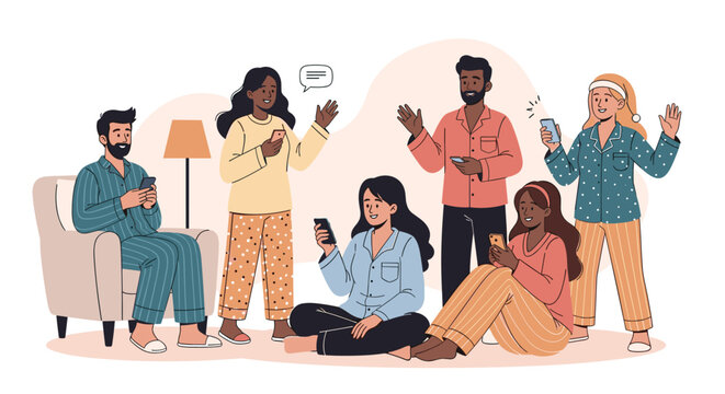 Group of diverse friends in comfortable pajamas hang out together and use their smartphones in a living room.