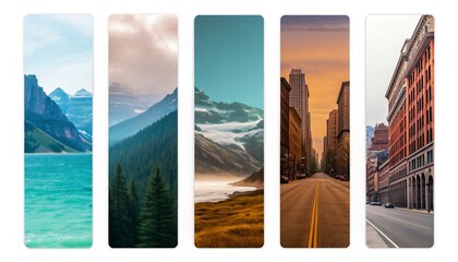 Curated Collection of Stunning Vertical Landscapes and Cityscapes, Showcasing Diverse Natural Beauty and Urban Horizons with a Showroom-Inspired Display