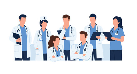 Diverse group of medical doctors and nurses in professional white coats and scrubs stand together as a team.