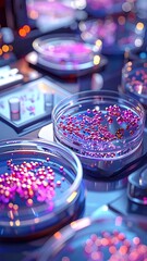 Petri dishes with pink spheres on a high-tech surface, glowing with soft, diffused light, creating a futuristic ambiance