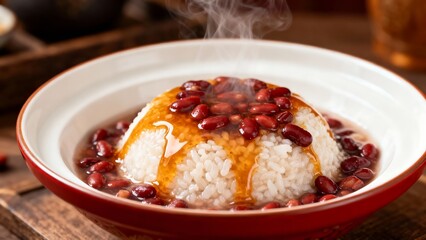 Steaming white rice with sweet red beans and golden syrup, a comforting asian dessert