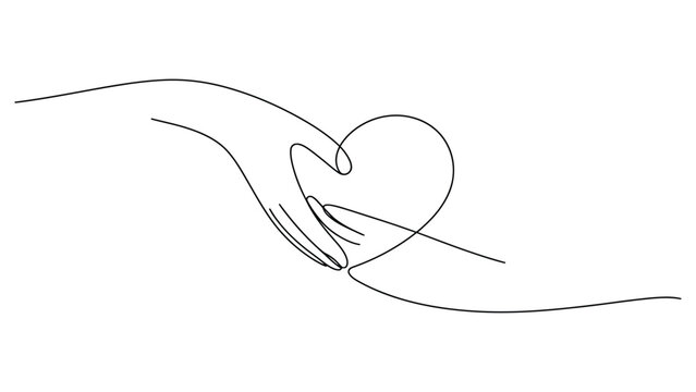 Minimal one line hand holding heart illustration symbolizing love care support compassion and kindness concept isolated on white background