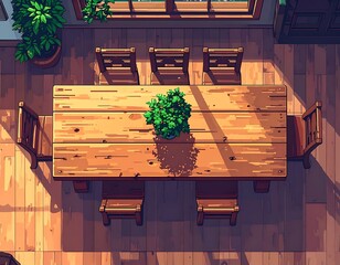 Overhead view of a wooden dining table with chairs and plant in a sunny room in a pixelated art style