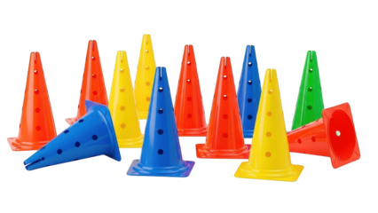 Assorted colored sports training cones with dark dots on black background sports cones agility cones
