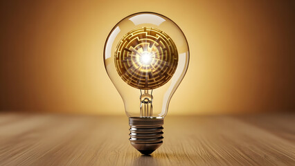 Innovative light bulb with maze design glowing brightly on wooden table