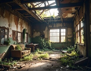 Overgrown interior of a dilapidated building with a damaged roof, plants, debris, & peeling paint creating a desolate scene