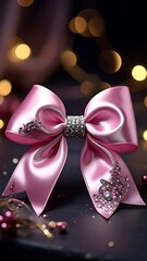 Pink satin bow with jeweled accents is in soft focus against a dark background with bokeh lights
