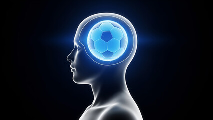 Human head profile with glowing blue soccer ball inside brain male silhouette