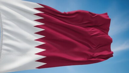 Waving flag of Qatar against a blue sky. Realistic 3D render of the Qatari national symbol with maroon and white serrated design. Patriotism concept