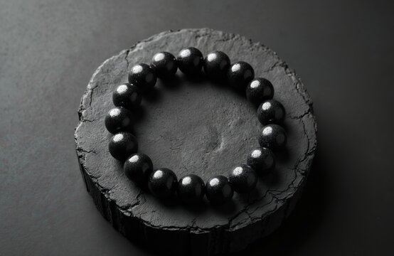 Black lava and shungite beaded bracelet arranged on rough textured stone slab. Minimalist jewelry lies on dark surface. Close up shot of accessory.
