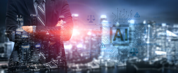AI circuit microchip with glowing blue lines, surrounded by legal scales, warning symbols, data sheets, and binary codes, representing ethical AI, AI governance, and data integrity Vouch