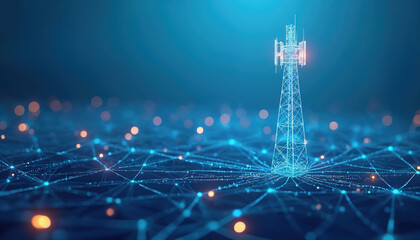 Digital telecommunication tower connects global network lines. Data transmission visualized with glowing points and lines, representing internet expansion and connectivity.