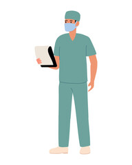 Doctor in green uniform holding clipboard. Flat vector illustration with doctor in protective mask from Professions collection