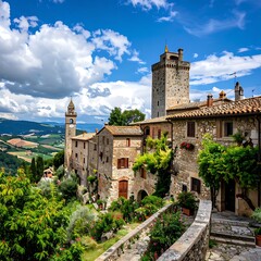 Picturesque stone village hilltop view with rolling landscape under a bright blue, cloud-filled sky in the distance