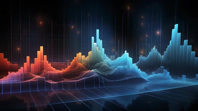 Abstract 3D Data Visualization with Glowing Bars and Grid Lines. 4K Abstract Background Animation Video