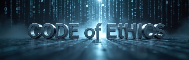 Metallic 3D text reads CODE of ETHICS against digital background with falling binary code. Represents principles of right conduct, moral standards, lawful behavior in modern business or tech settings.