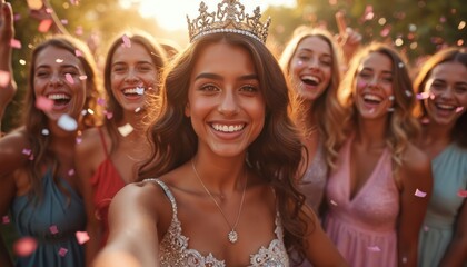 Obraz premium Young hispanic woman wears crown takes selfie with happy friends celebrating with confetti at party. People enjoy festive birthday event outdoors under warm sun rays.