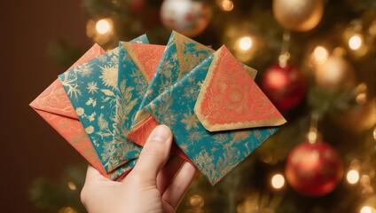 Hand holding Christmas cards in front of a decorated Christmas tree.