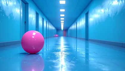 Pink sphere in a long, blue, brightly lit hallway lined with closed doors receding into vanishing point