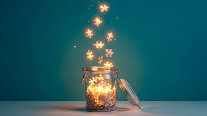 Puzzle pieces emerging from a glowing glass jar on a teal background