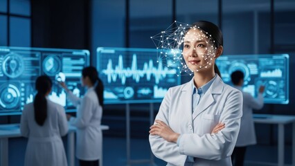 Smiling female researcher with biometric face scan in high-tech lab, data displays & colleagues