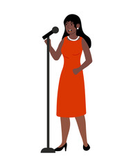 Woman in red dress singing into microphone stand. Girl with black hair singing, smiling. Flat vector illustration with Singer