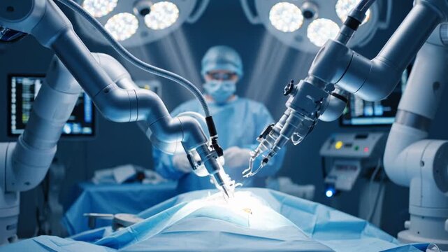Robotic Surgery Procedure in Modern Operating Room with Surgical Robots Arms and Doctor Performing Minimally Invasive Precision Healthcare Technology Stock Video Footage