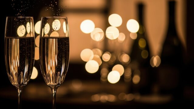 Two champagne glasses with rising bubbles against golden bokeh lights. Luxury sparkling wine flutes for New Year celebration or wedding toast