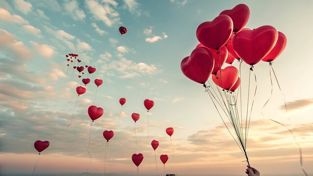 Floating heart balloons ascend into expansive blue sky adorned with fluffy white clouds, casting romantic aura over serene landscape with distant horizon, symbolizing love freedom and celebration