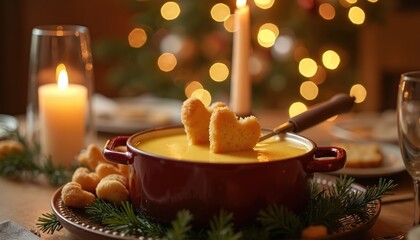 Warm holiday dinner table with cheese fondue pot and heart shaped bread. Candles glow and Christmas tree lights sparkle creating cozy festive ambience. Family and friends enjoy meal together.