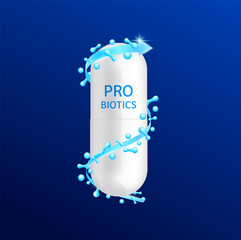 Probiotics pill living microflora. Capsule drug white surrounded by arrow and blue good gut bacteria on dark background. For products design supplement food digestion. 3D vector.
