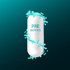 Probiotics pill living microflora. Capsule drug white surrounded by arrow and blue good gut bacteria on dark background. For products design supplement food digestion. 3D vector.