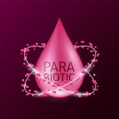 Red parabiotics water drop surrounded by microbe bacterial good on dark background. For products design supplement. Food digestion inintestine. 3D vector.