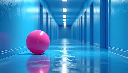 Pink sphere in long, blue hallway. Doors line sides, receding into distance, lit by ceiling panels