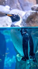 Penguin swimming upward in clear blue water, partially submerged in aquarium, near rocks