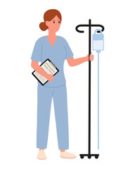 Nurse holding clipboard and stand with IV bag. Flat vector Color illustration from Profession series