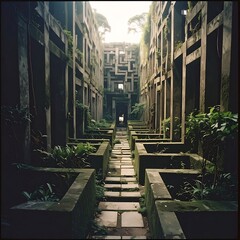 Overgrown urban maze of decaying concrete architecture, with lush vegetation reclaiming the space