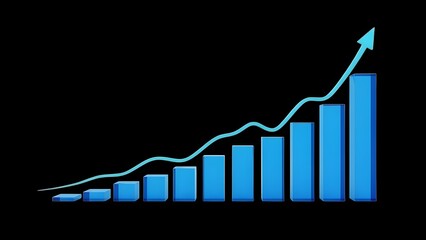 A blue bar graph with a rising trend line on a black background