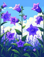 Pixelated bellflowers reach up to a bright, cloudy blue sky over a field of lavender, rendered in a retro style