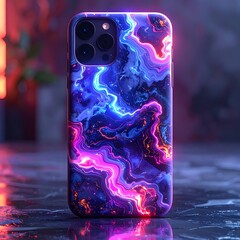 Phone case with vibrant, swirling blue, pink and purple nebula-like design, reflecting on a dark glossy surface