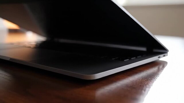 Silver laptop computer closing on a wooden desk. Screen shutting down to finish work. End of the day concept