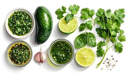 Overhead view of fresh green ingredients, herbs, limes, garlic & oil on white