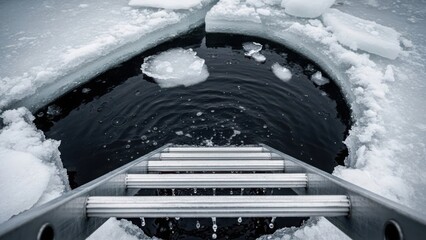 Ice hole for winter swimming with metal ladder. Cold water plunge in frozen lake. POV shot looking down