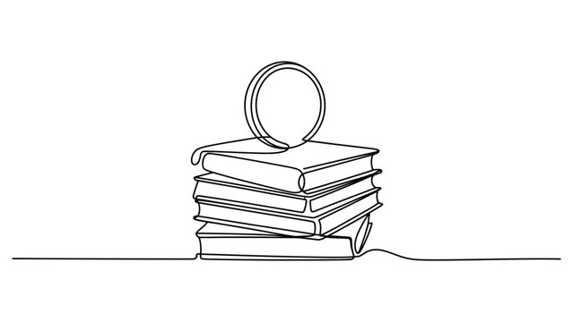 One line continuous drawing of stack of books with magnifying glass symbolizing education, research, learning, knowledge and academic study concept