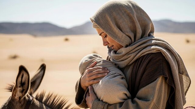 Flight into Egypt. Virgin Mary holding Baby Jesus riding a donkey in the desert, escaping from King Herod Matthew 2.