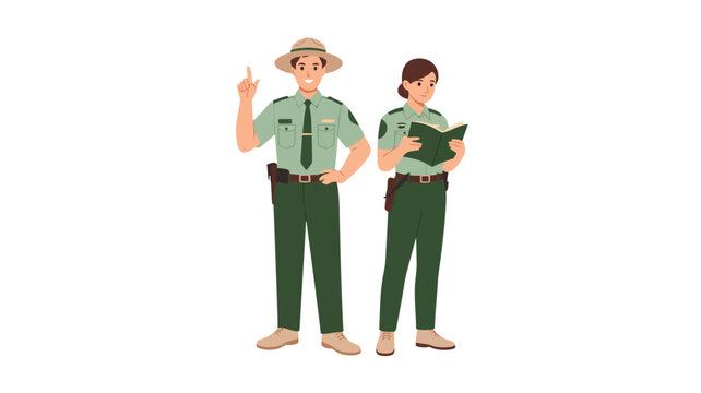 Illustration of male and female forest rangers standing together with map and binoculars, outdoor nature conservation and park management concept
